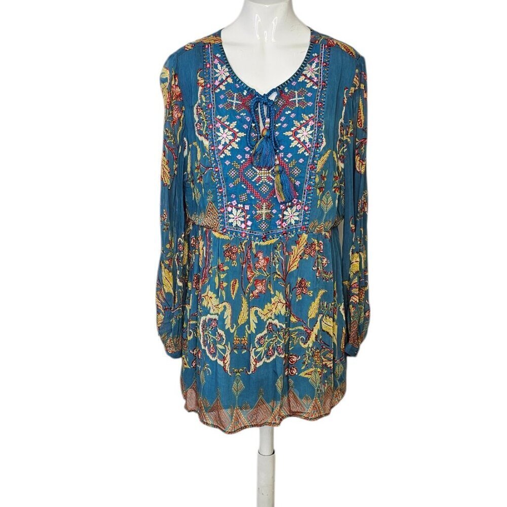 Soft Surroundings Womens Mirapani Tunic, Embroidered, Tassel, Boho, Embellish, M